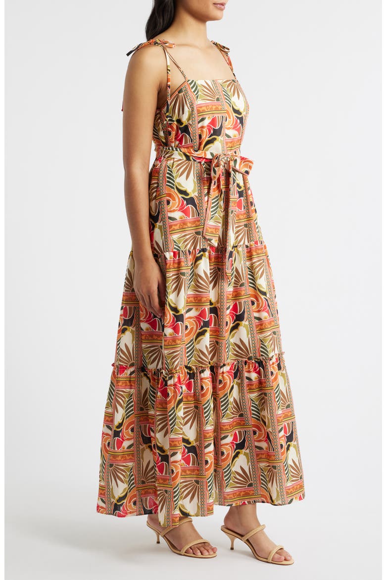 Printed Tie Belt Maxi Sundress, Alternate, color, ORANGE MULTI