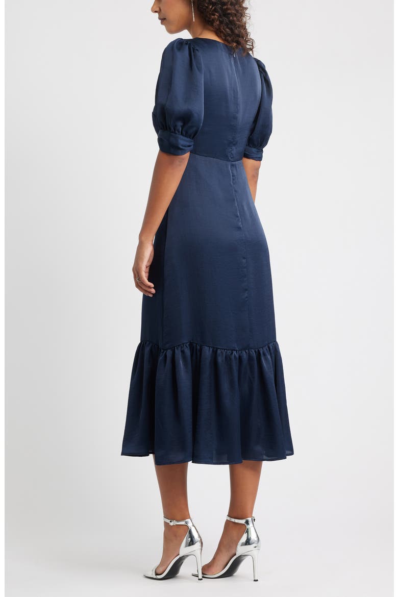 Twist Front Puff Sleeve Satin Midi Dress, Alternate, color, NAVY STILL