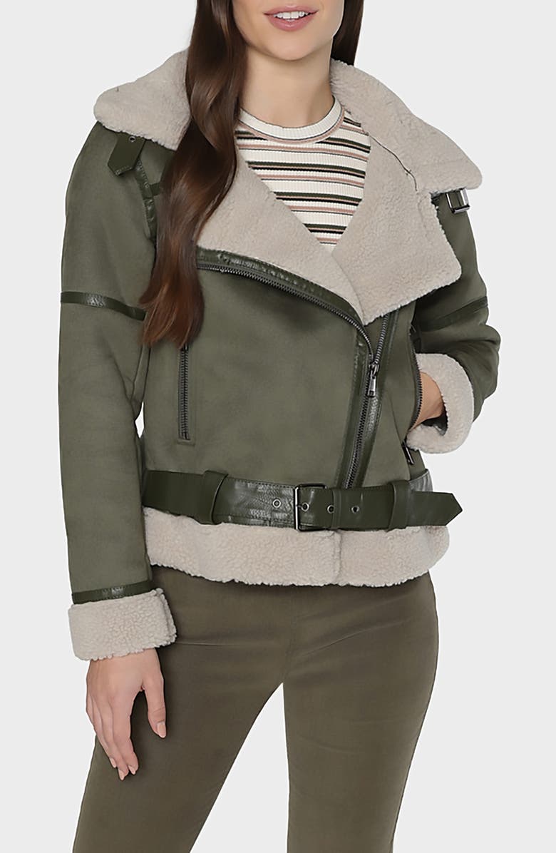 matty m. Maria Faux Suede & Faux Shearling Belted Jacket, Main, color, Olive