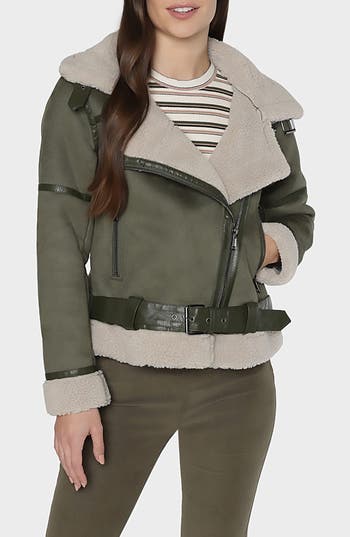 Matty M . Maria Faux Suede & Faux Shearling Belted Jacket In Green