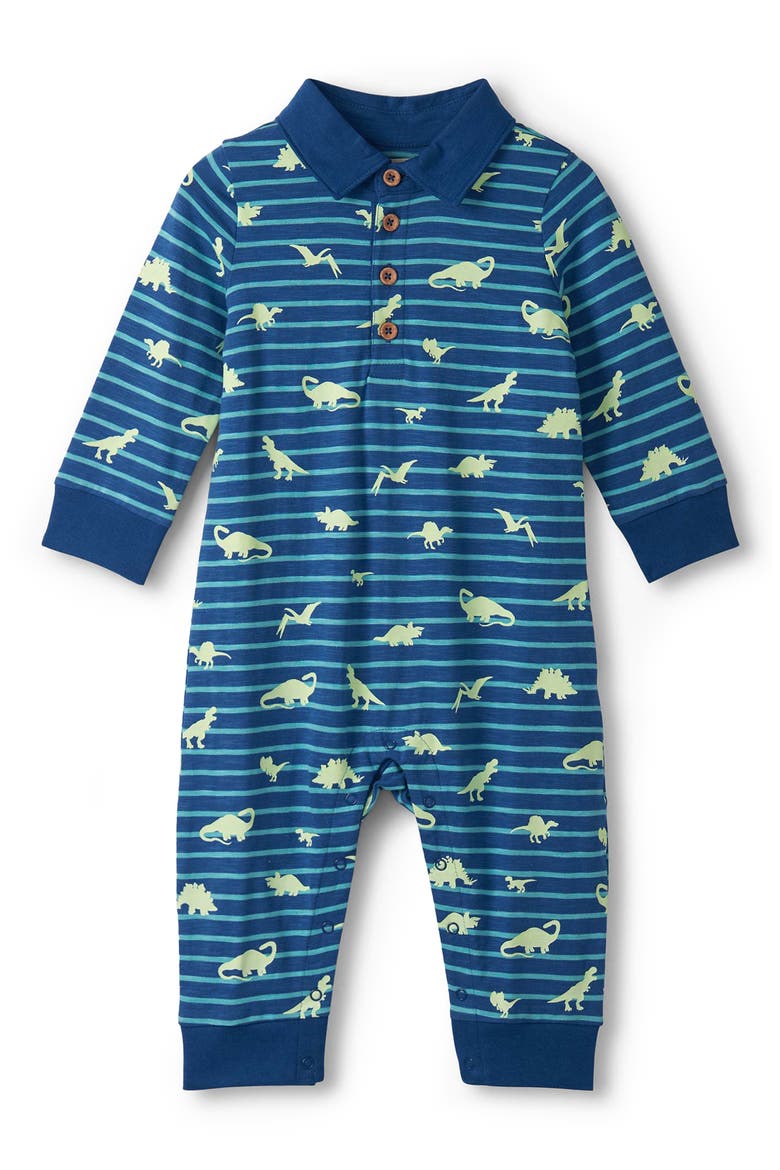 Stripe Dinosaur Print Glow in the Dark Cotton Polo Romper, Main, color, NAVY