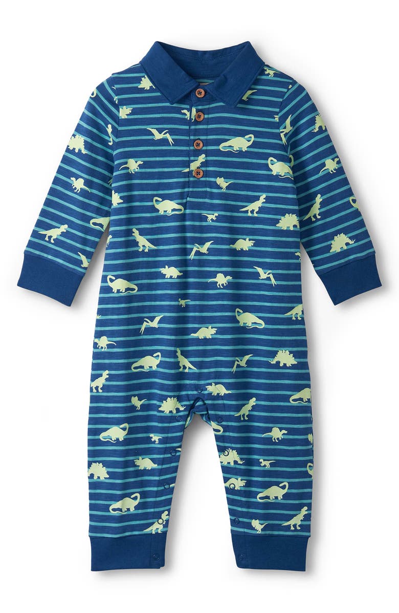 Hatley Stripe Dinosaur Print Glow in the Dark Cotton Polo Romper, Main, color, Navy