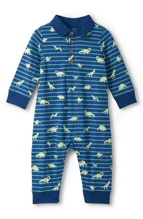 Stripe Dinosaur Print Glow in the Dark Cotton Polo Romper (Baby)