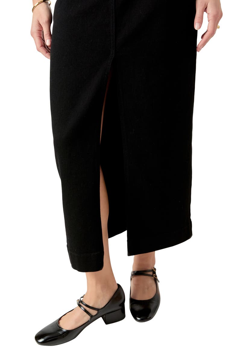 Exposed Button Fly Denim Midi Skirt, Alternate, color, BLACK DENIM