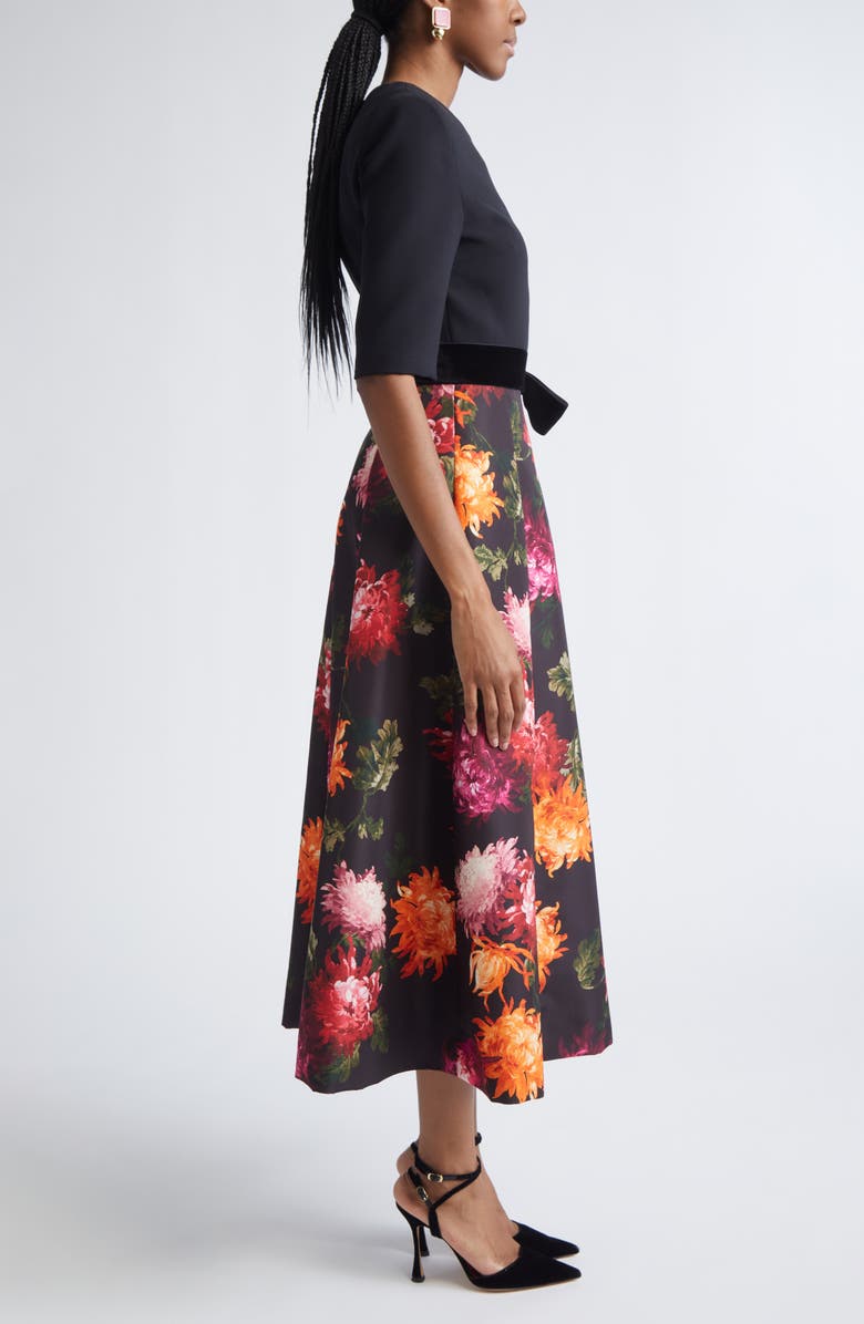 Carolina Herrera Chrysanthemum Print Crepe, Velvet & Faille Fit & Flare Midi Dress, Alternate, color, Black Multi