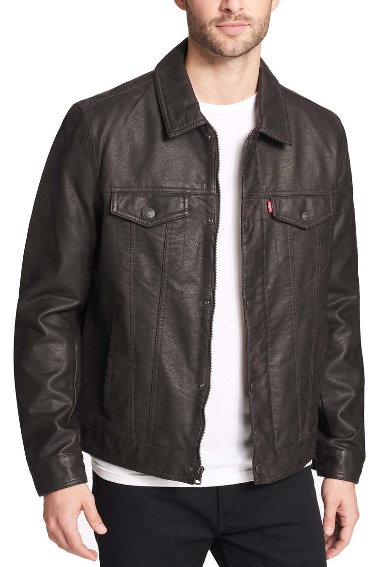 Faux Leather Trucker Jacket, Main, color, DARK BROWN