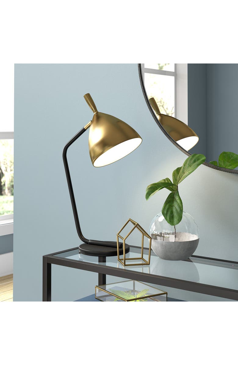 HUDSON AND CANAL Yossi Blackened Bronze Table Lamp with Brass Finish Shade, Alternate, color,