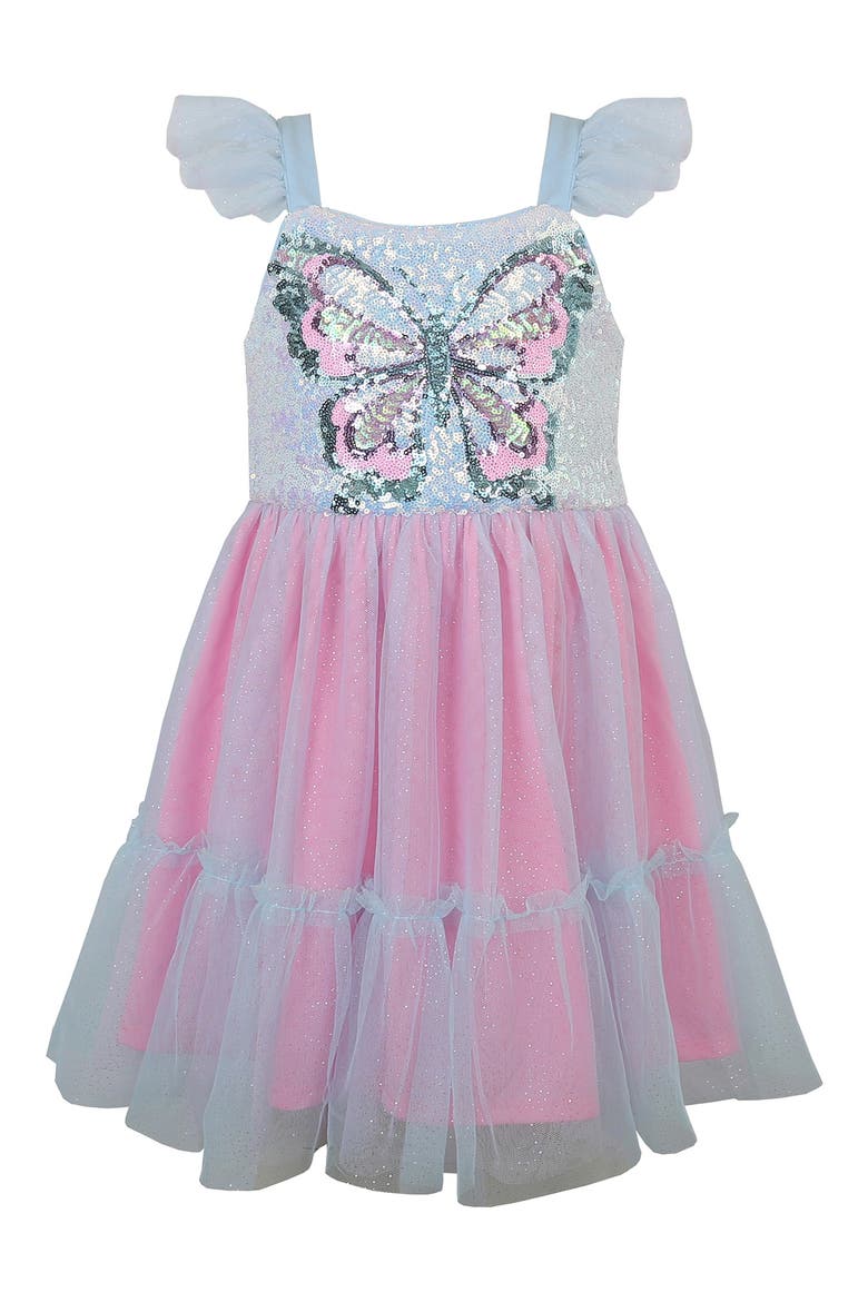 Kids' Ruffle Sequin Butterfly Party Dress, Main, color, AQUA MULTI