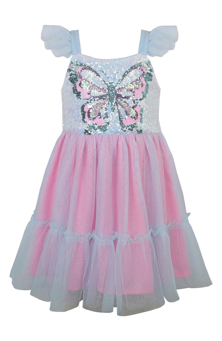 Zunie Kids' Ruffle Sequin Butterfly Party Dress, Main, color, Aqua Multi