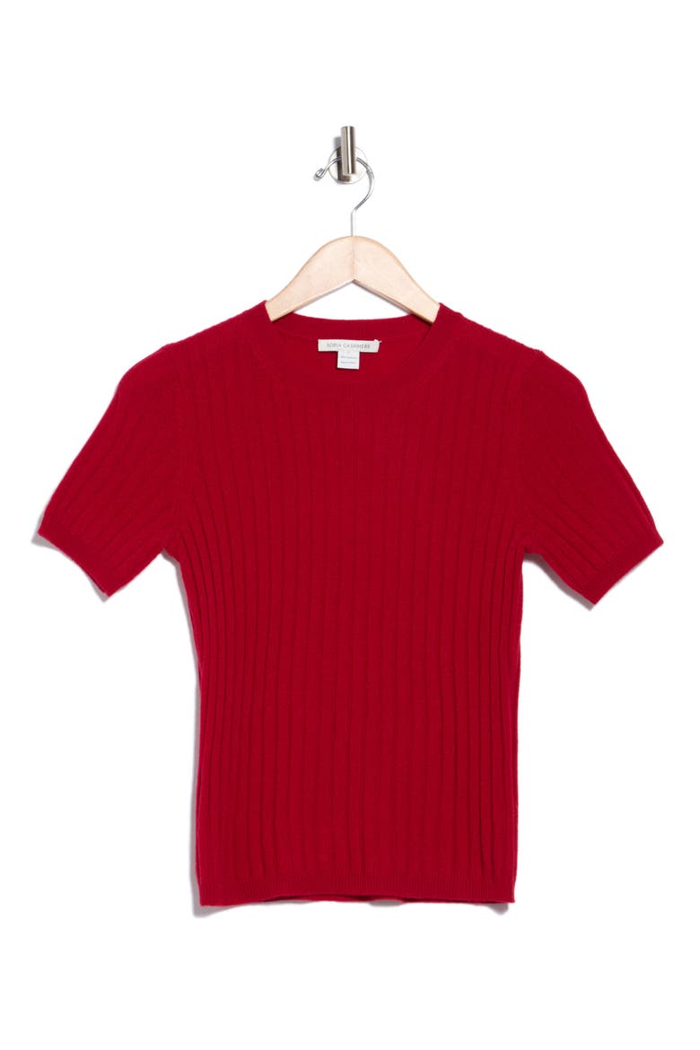 Wide Rib Cashmere Short Sleeve Sweater, Alternate, color, DARK RED