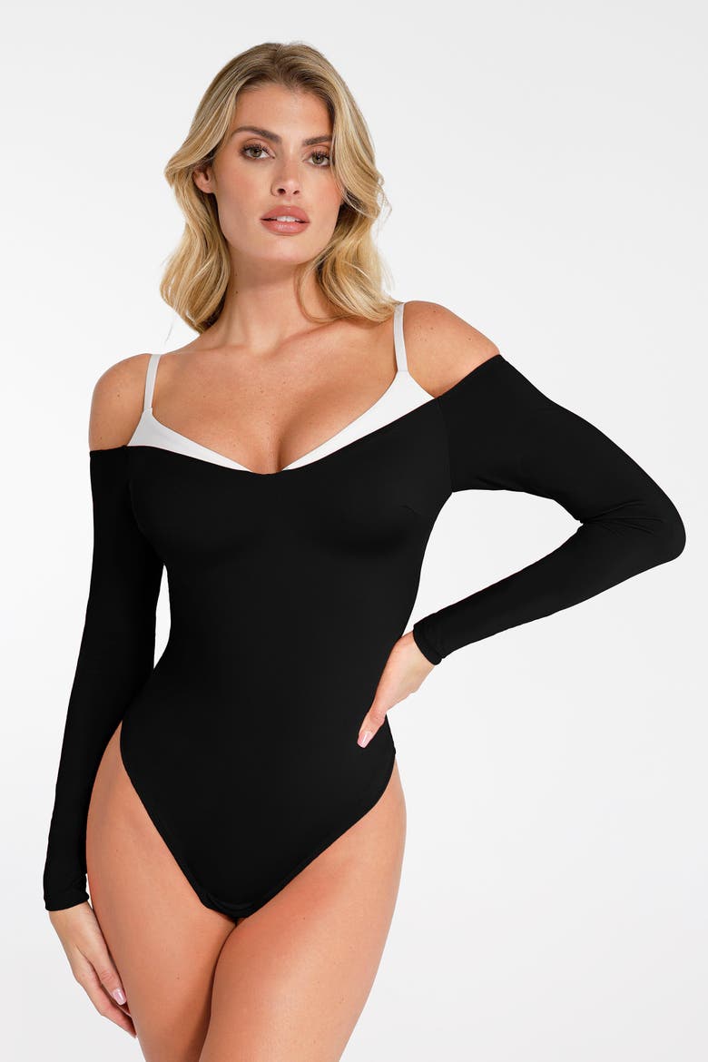 Shapewear Long Sleeve Cold Shoulder Tummy Control Bodysuit, Alternate, color, Standard Black