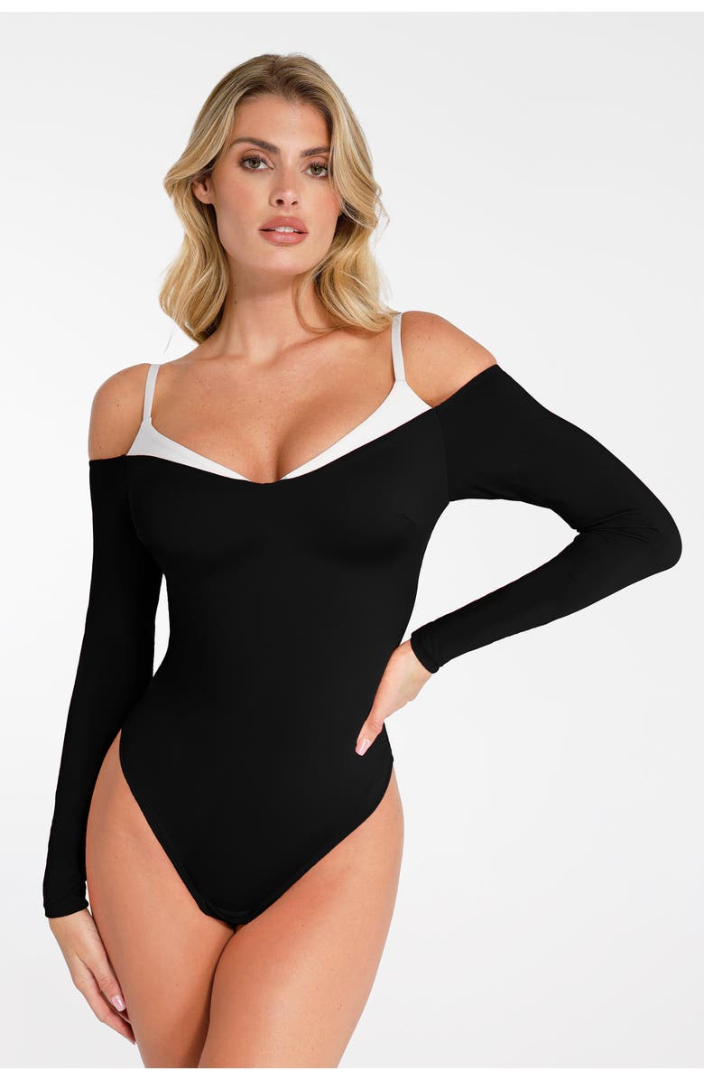 Popilush Shapewear Long Sleeve Cold Shoulder Tummy Control Bodysuit, Alternate, color,