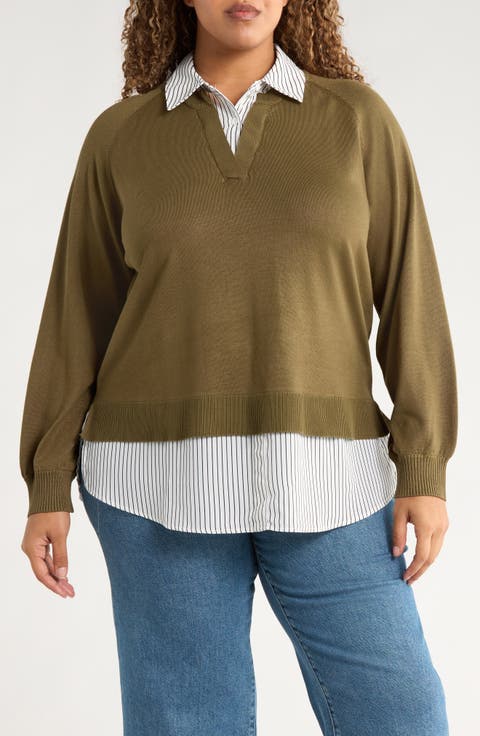V-Neck Twofer Sweater (Plus)