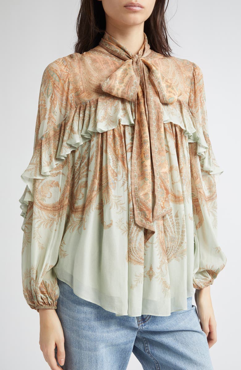 Zimmermann Memento Flutter Paisley Pussy Bow Top, Alternate, color, Mint Paisley