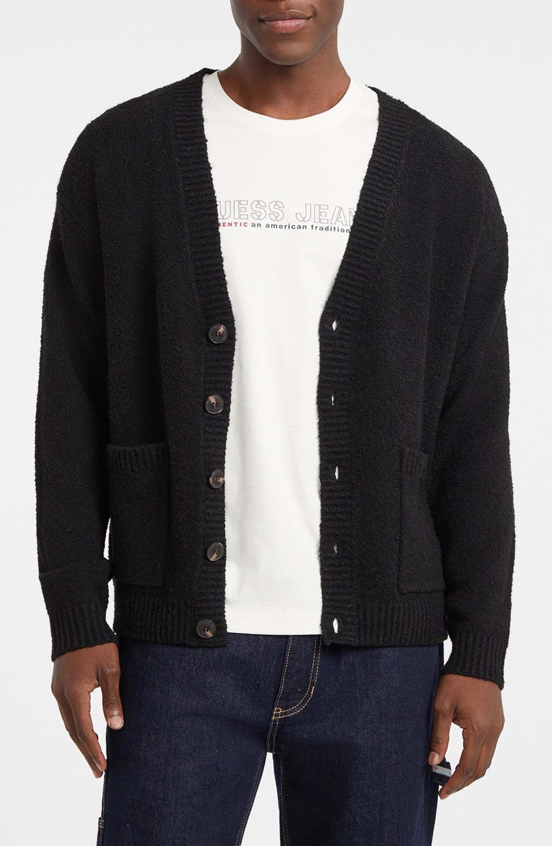 GUESS JEANS Bouclé V-Neck Cardigan, Main, color, Black