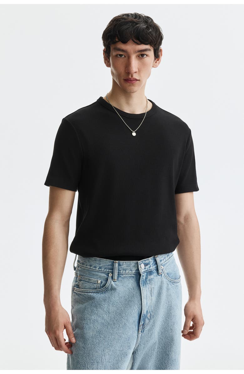 H&M Slim Fit Ribbed T-shirt, Alternate, color, Black