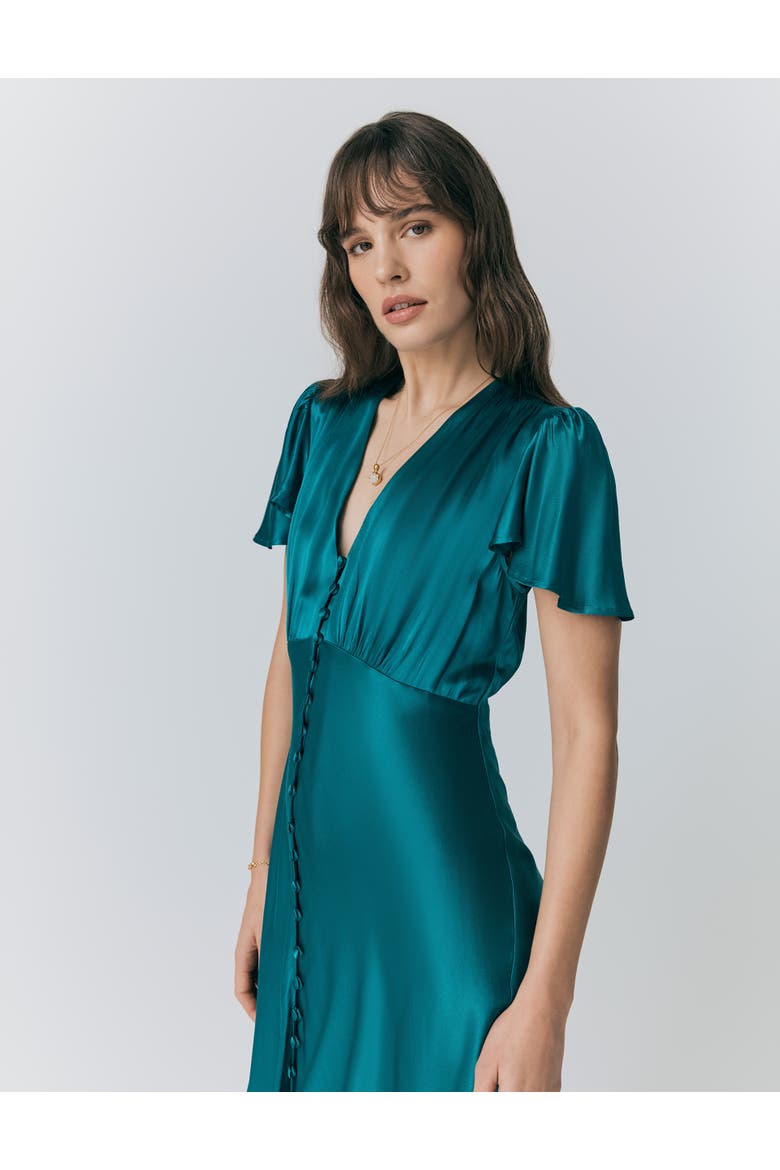 Grace Satin Button V-Neck Dress, Alternate, color, Emerald Sea