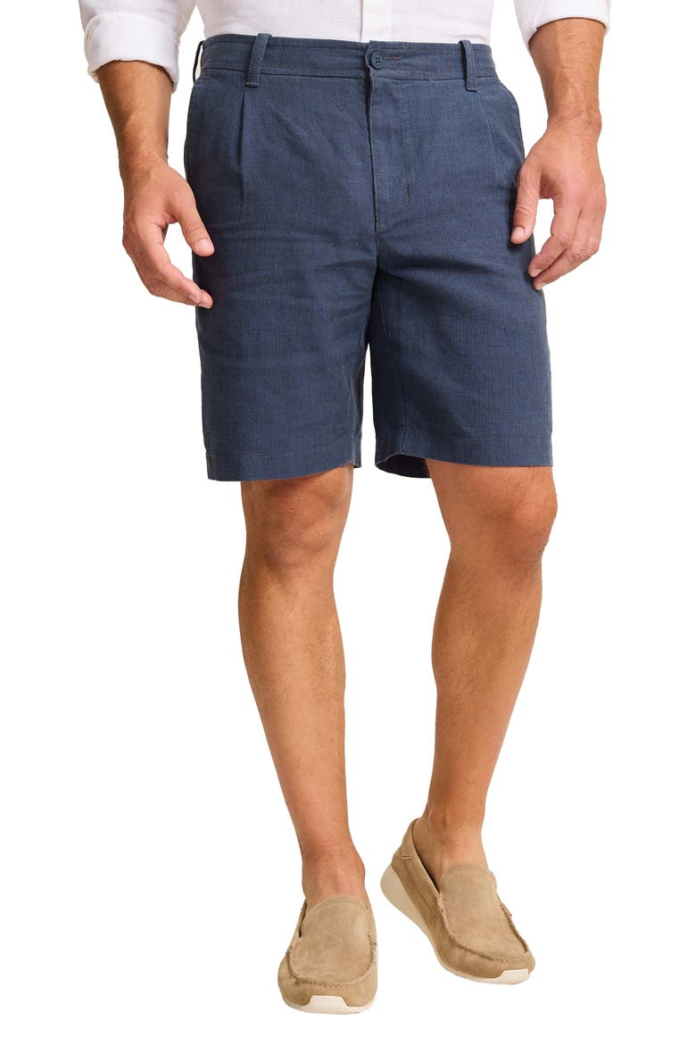 Isla Sands Pleated Stripe Linen Blend Shorts, Main, color, DARK BLUESTONE