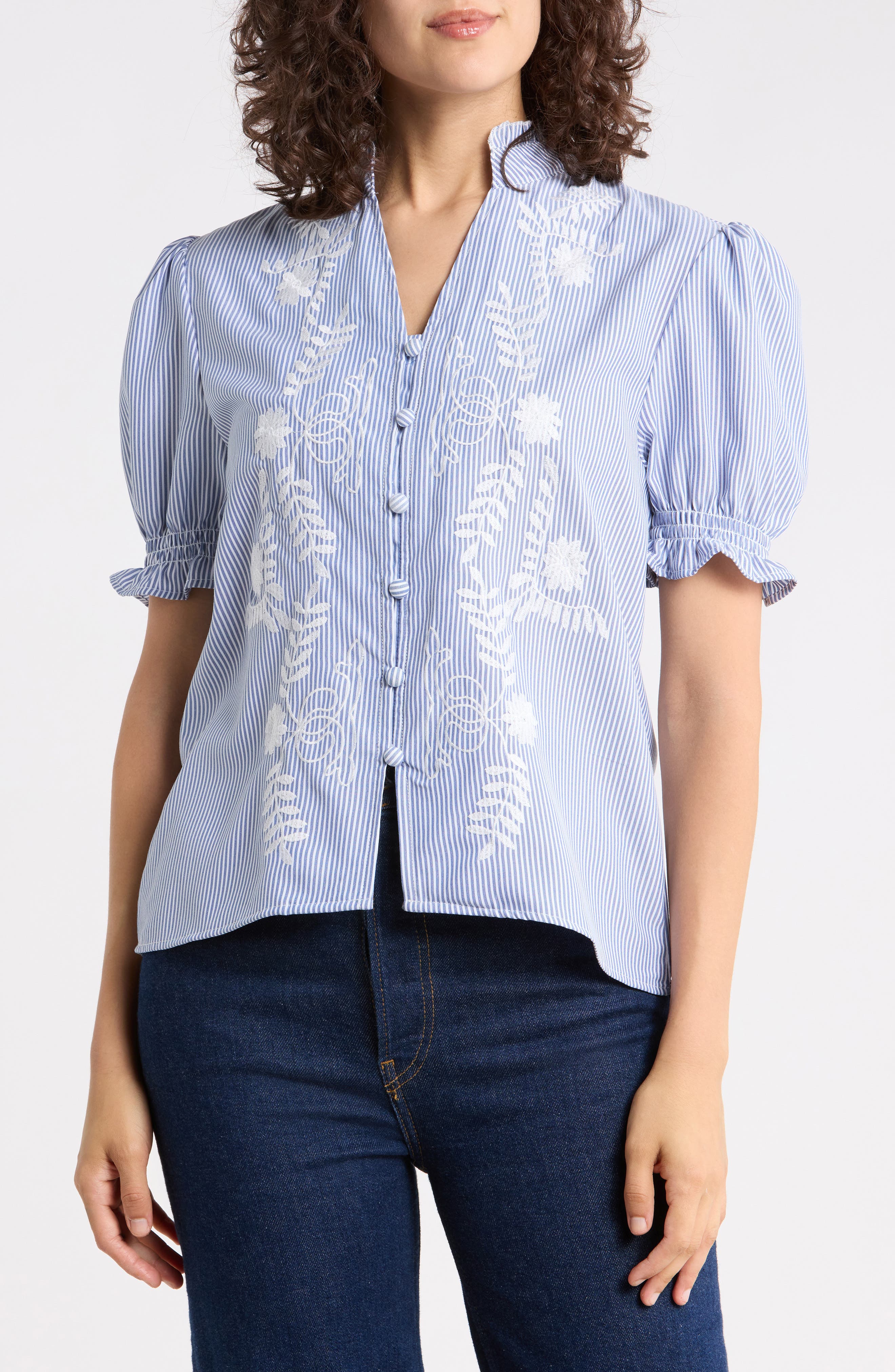 Embroidered Striped Short Sleeve Shirt