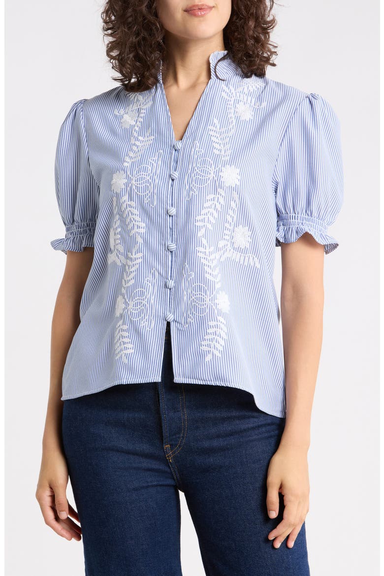 Embroidered Striped Short Sleeve Shirt, Main, color, NAVY/ WHITE