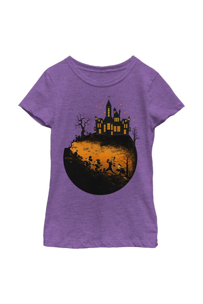 Girl's Mickey & Friends Walking Towards Haunted Mansion T-Shirt, Main, color, Purple Berry