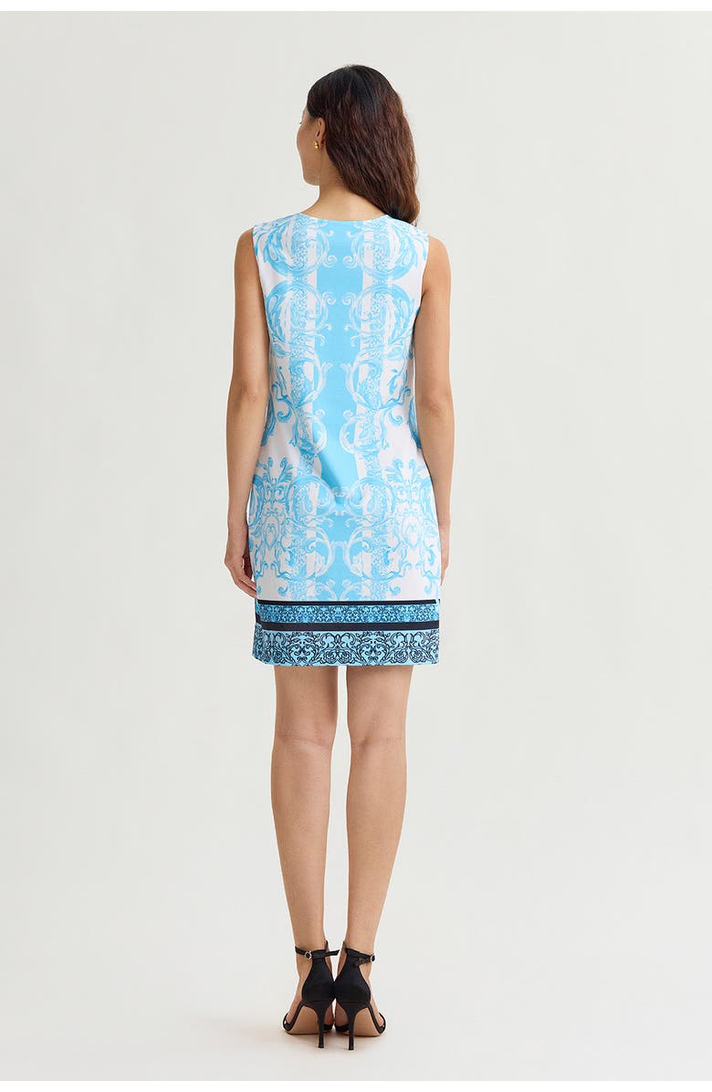Ming Wang Filigree Printed Lined Stretch Deco Crepe Sheath Dress, Alternate, color, Serene/White/Black