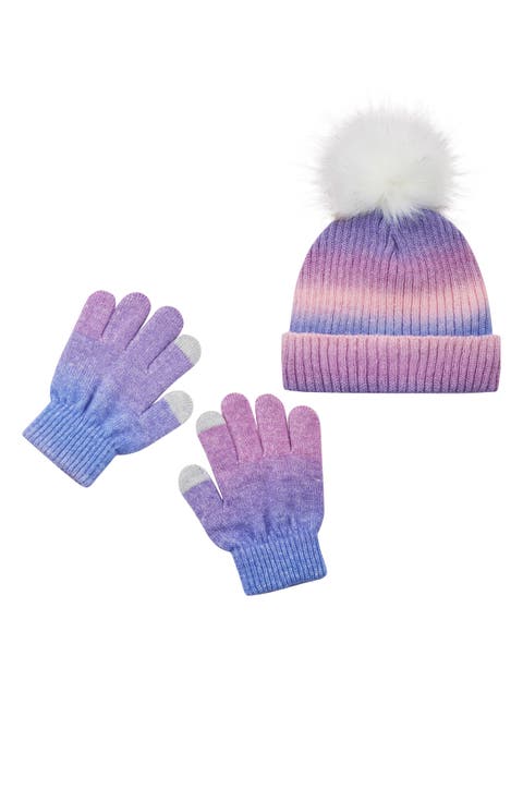 Kids' Faux Fur Pompom Hat & Gloves Set