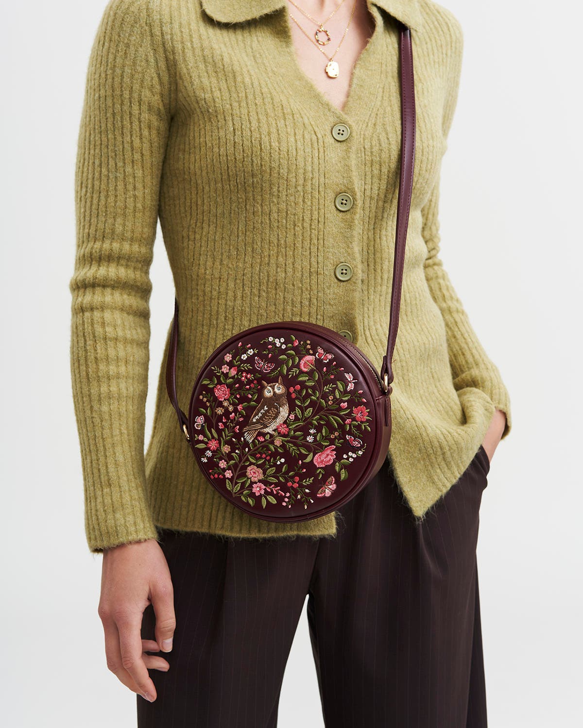 Chloe Owl Embroidered Circle Purse, Alternate, color, Burgundy