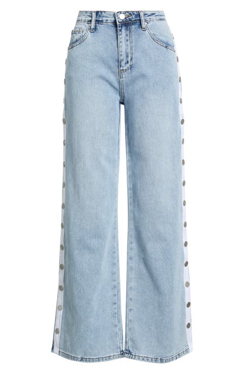Button Detail Wide Leg Jeans