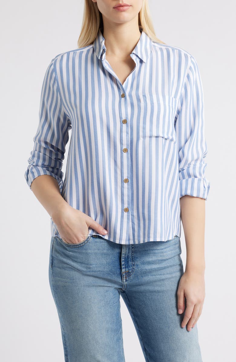 beachlunchlounge Candace Stripe Button-Up Shirt, Main, color, Slate Blue