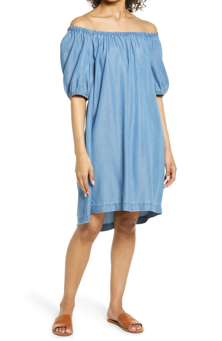 beachlunchlounge Ceyda Off the Shoulder Chambray Dress, Main, color,