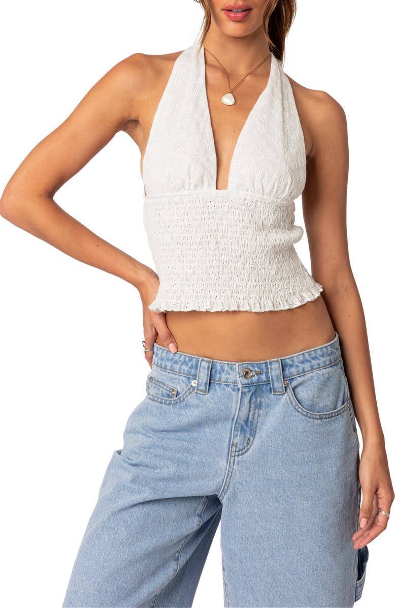 EDIKTED Hannah Cotton Eyelet Halter Top, Main, color,
