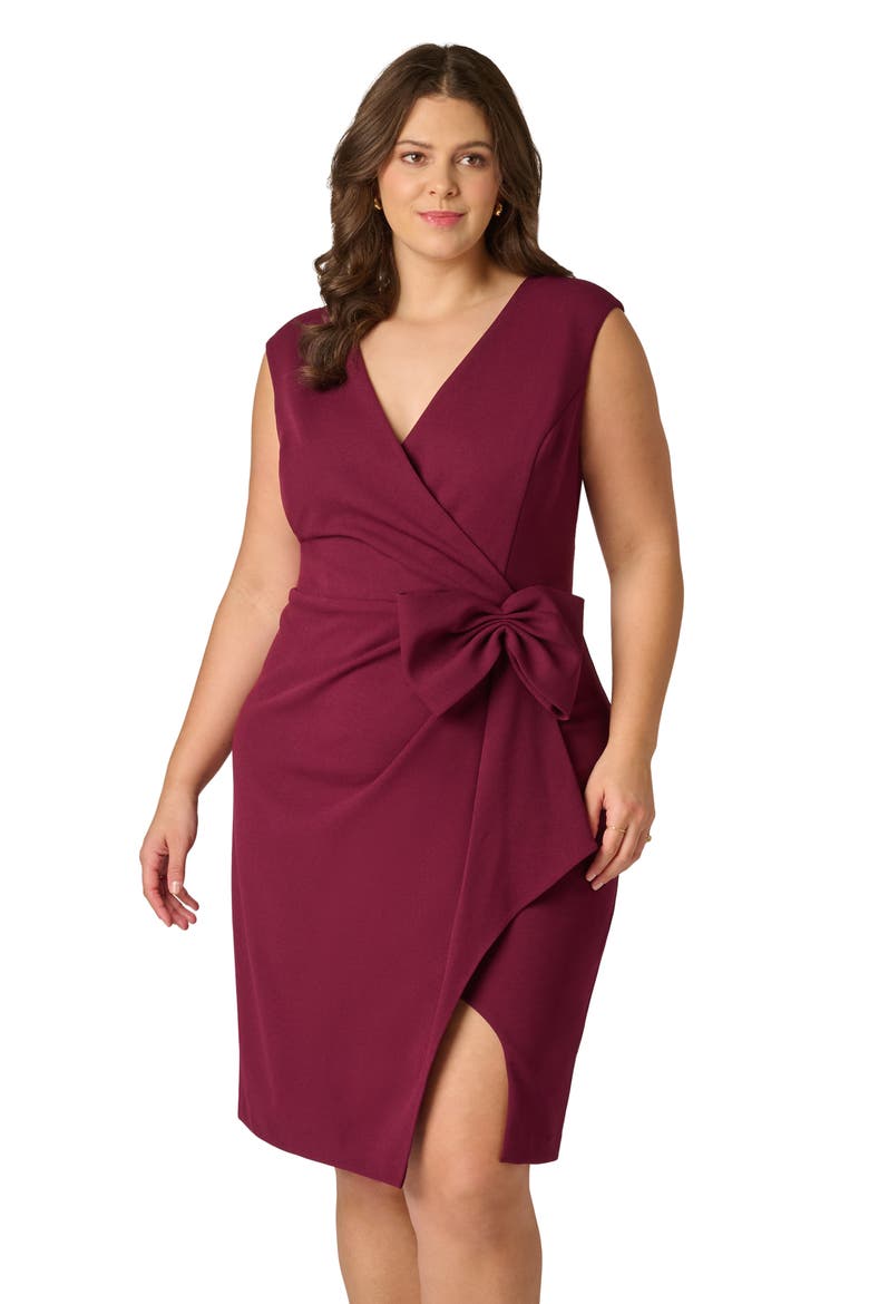 Sleeveless Bow Crepe Sheath Dress, Alternate, color, CABERNET