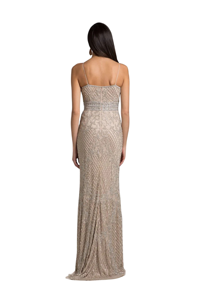 Body Con V-neck Beaded Dress, Alternate, color, NudeSilver