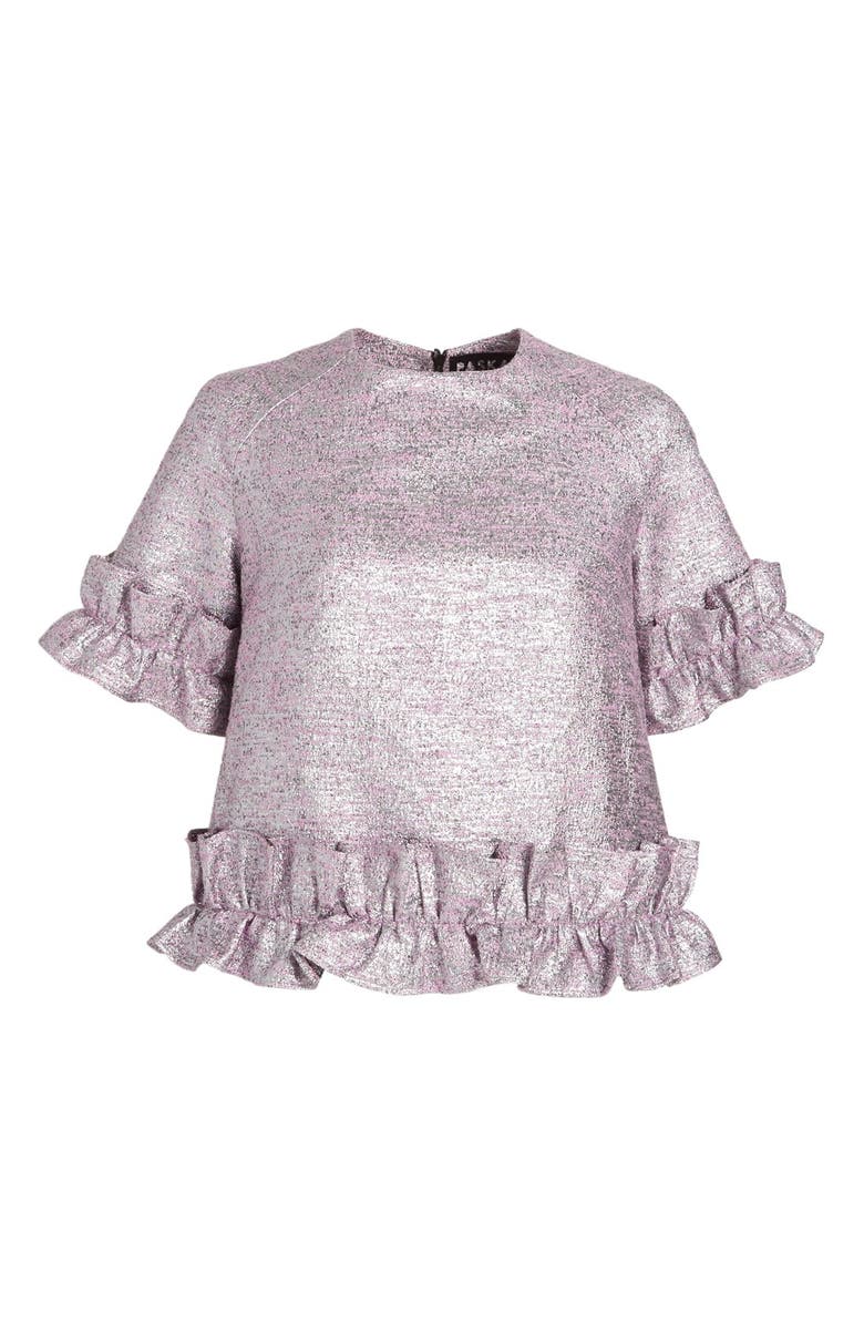 Paskal Flared Frilled Metallic Tweed Top, Alternate, color, 