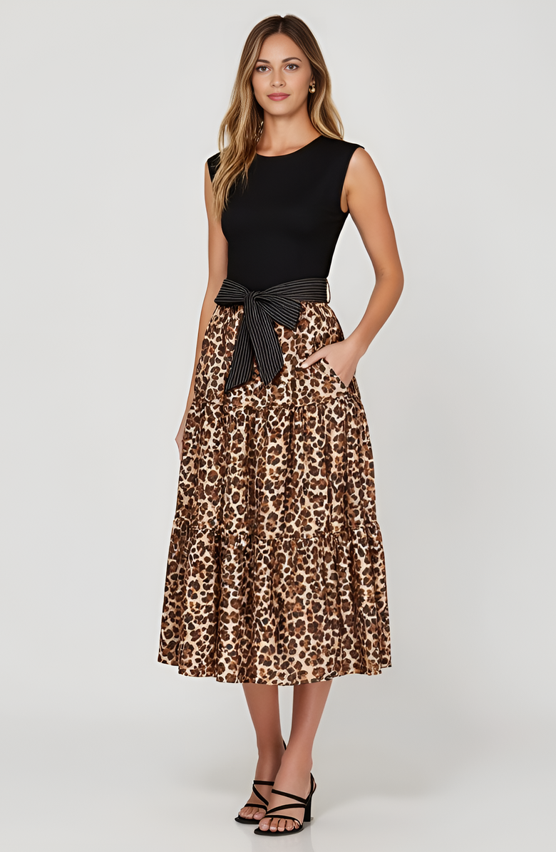 Modenaire Sleeveless Mixed-Media Midi Dress with Contrast Waist Tie, Alternate, color, 