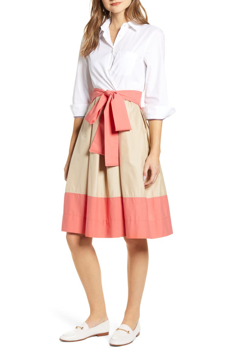 Colorblock Cotton Blend Shirtdress, Main, color, BRIGHT WHITE/ KHAKI