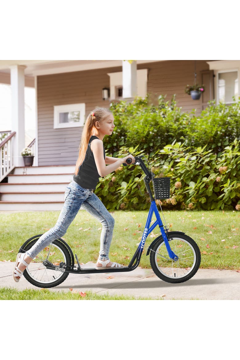 Youth Kick Scooter with Adjustable Handlebars, Double Brakes, Tires, Basket, Cupholder, Alternate, color, Blue