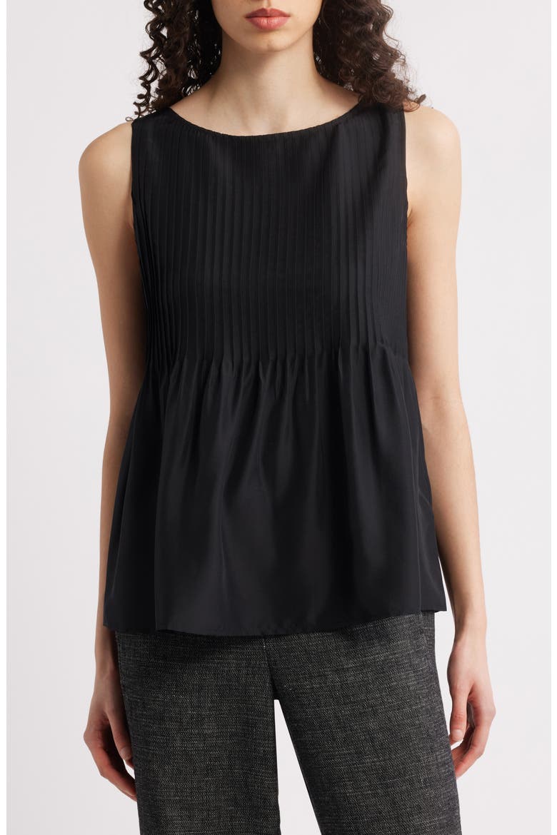 Pleated Silk Sleeveless Top, Main, color, BLACK