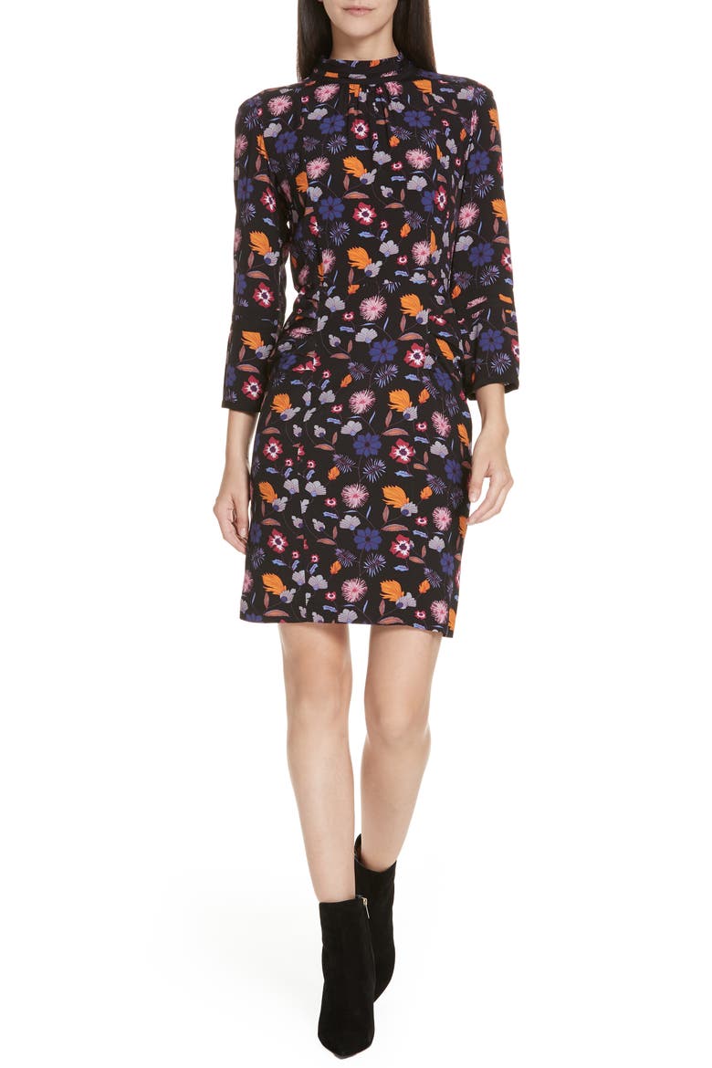 Maha High Neck Botanical Mini Dress, Main, color, BLACK