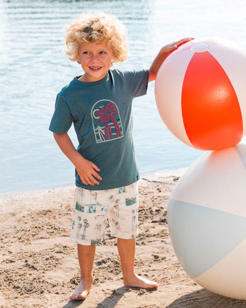 DEUX PAR DEUX DEUX PAR DEUX LITTLE BOY'S PRINTED FRENCH TERRY SHORT BEIGE PALM TREE AND TEAL