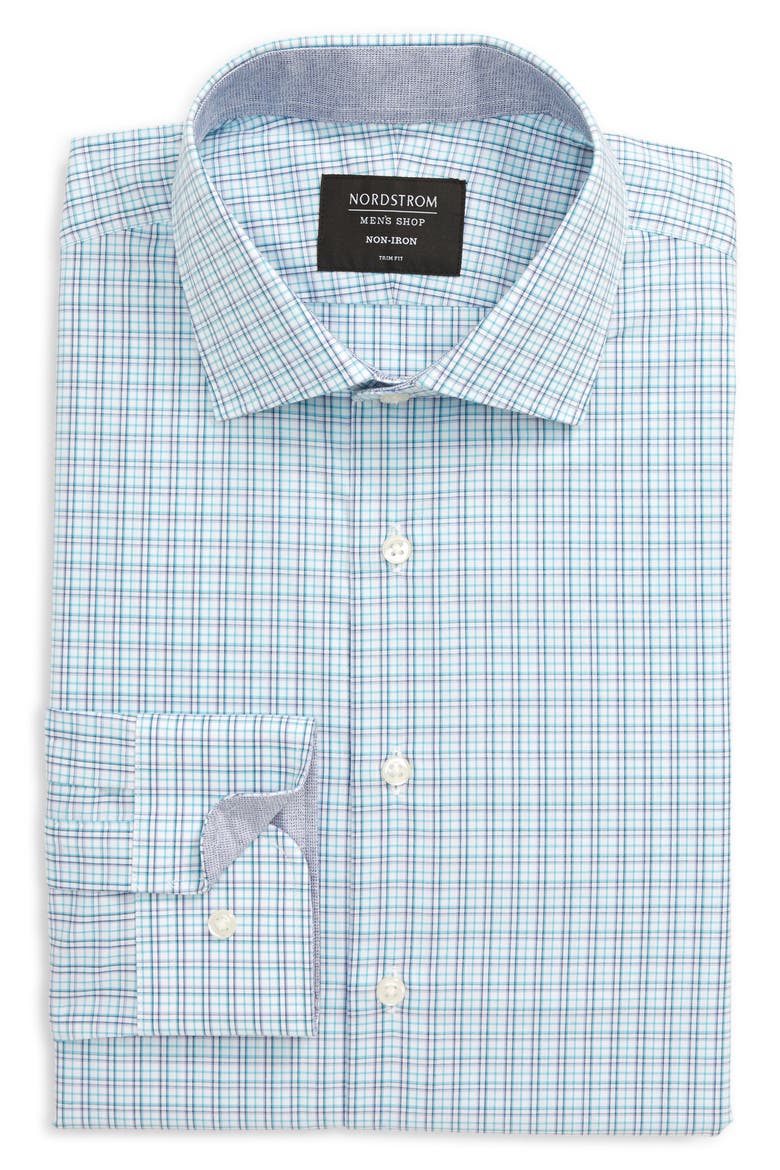 Trim Fit Non-Iron Plaid Dress Shirt, Alternate, color, TEAL SCUBA