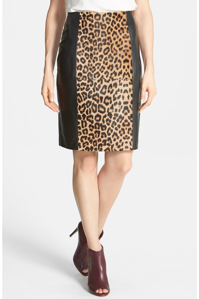 Leopard Print Genuine Calf Hair & Leather Pencil Skirt, Main, color, LEOPARD- BLACK COLORBLOCK