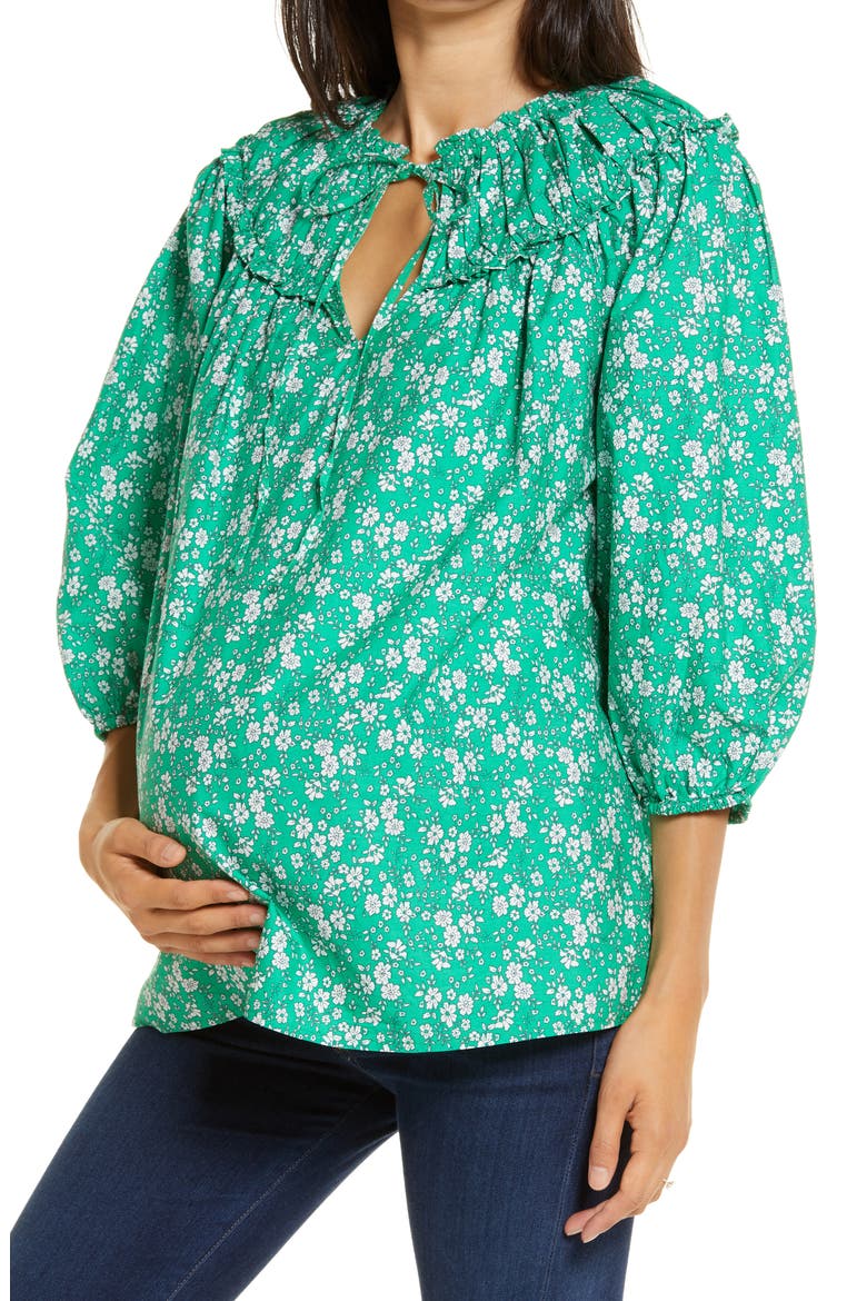 Floral Puff Sleeve Maternity Top, Main, color, GREEN