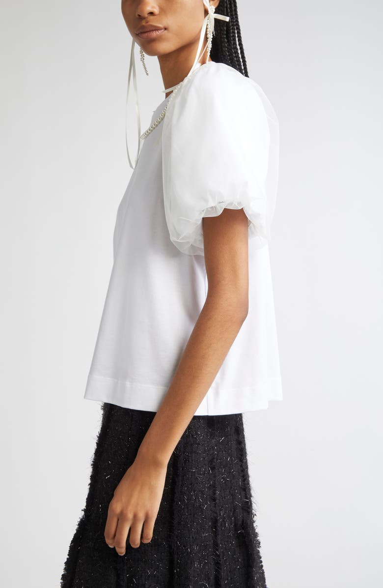 Simone Rocha Tulle Overlay Puff Sleeve T-Shirt with Faux Pearl Trim, Alternate, color, White/ Pearl