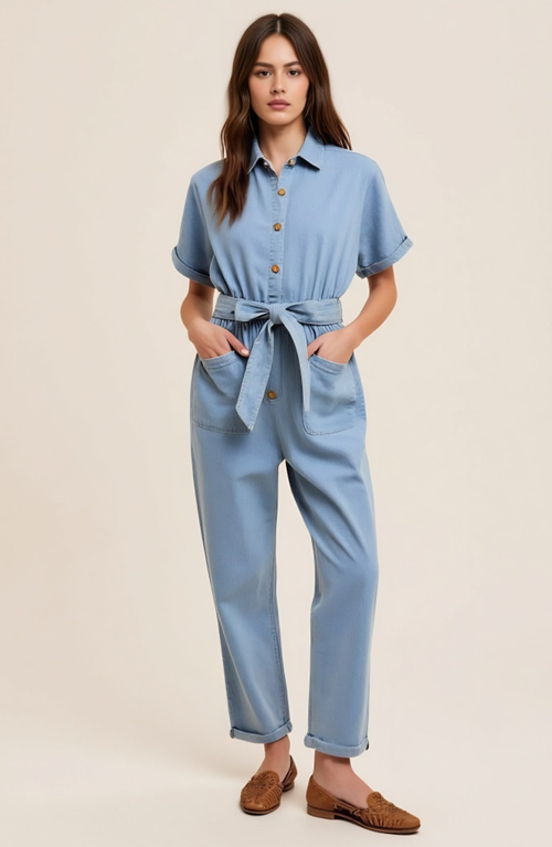 Modenaire Short Sleeve Button Front Tie Waist Rolled Cuff Denim Jumpsuit In Blue
