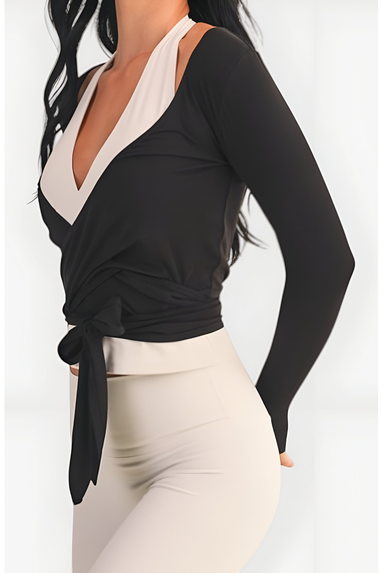 Wrap Front Long Sleeve Crop Top with Tie Waist Detail, Alternate, color, Black