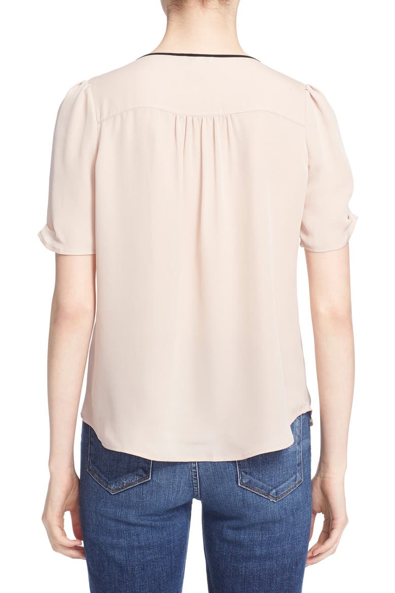 'Amone B' Split Neck Silk Blouse, Alternate, color, ALMOND W/ CAVIAR
