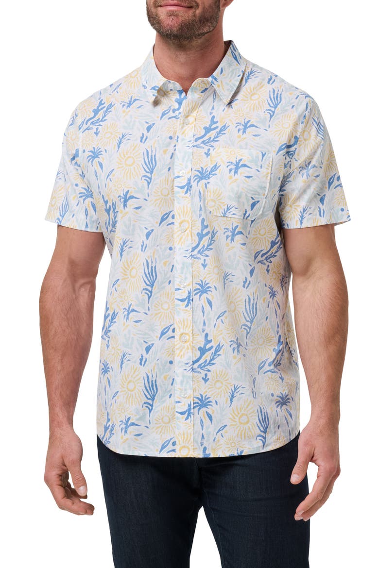 Souvenir City Short Sleeve Stretch Cotton Button-Up Shirt, Main, color, WHITE