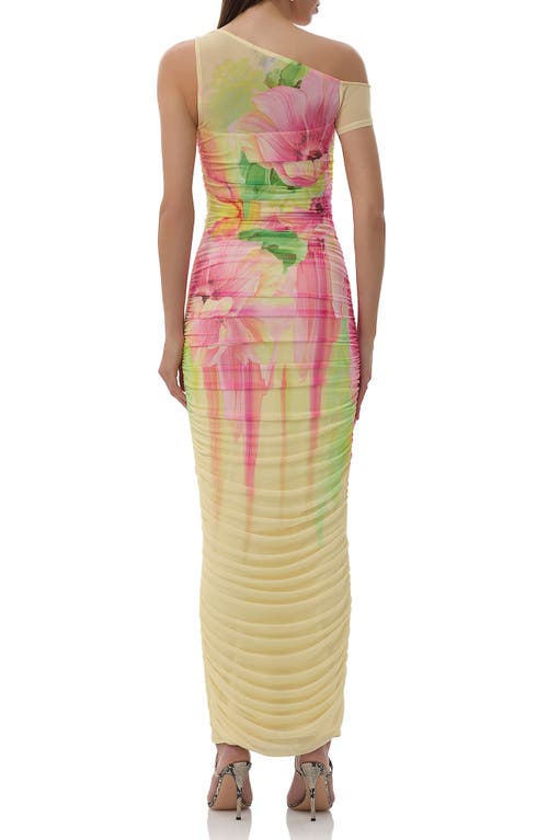 Afrm Biona Printed One-shoulder Ruched Mesh Maxi Dress In Butter Peony